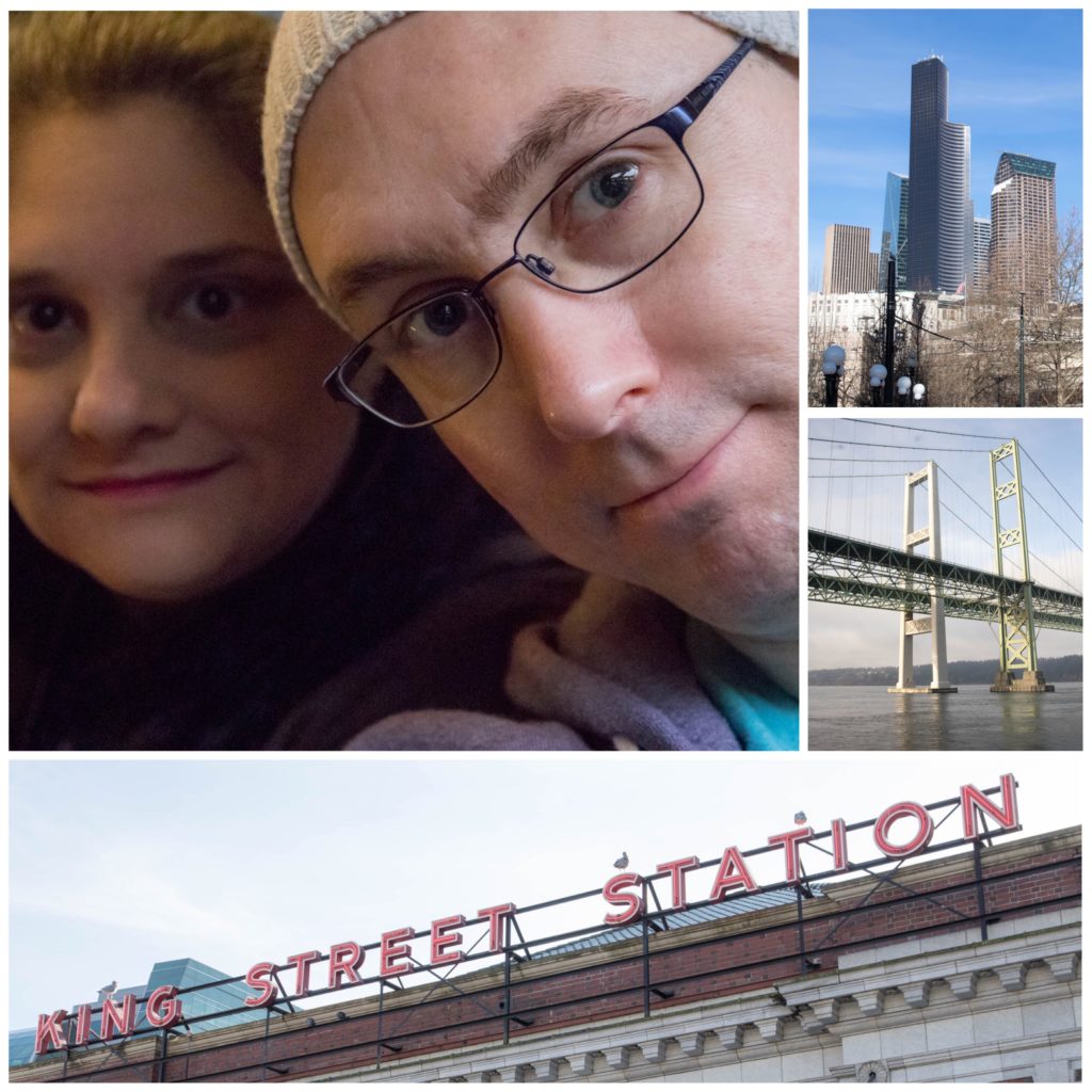 A collage image of me, kender, the seattle skyline, a bridge in tacoma, and the sign for King Street Station.
