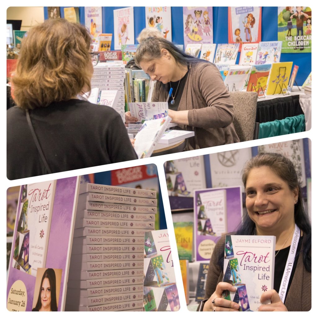 A collage of me signing copies of Tarot Inspired Life. A stack of books gone in 30 minutes. One happy author