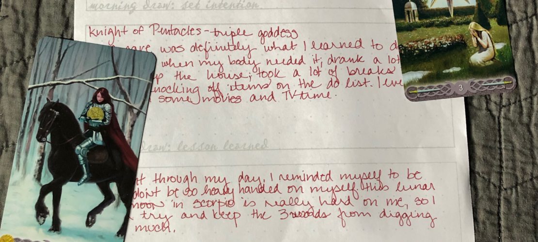 A fully completed Daily Draw worksheet with sample cards from the morning and evening draws, and insights from working with those cards over a day.