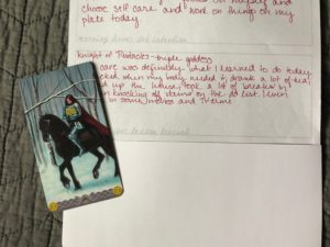 Example of filling out the evening lessons learned area on the Daily Draw sheet using the Knight of Pentacles.