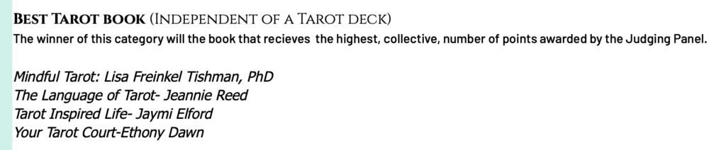 The Best Tarot Book nominations for CARTA 2020.