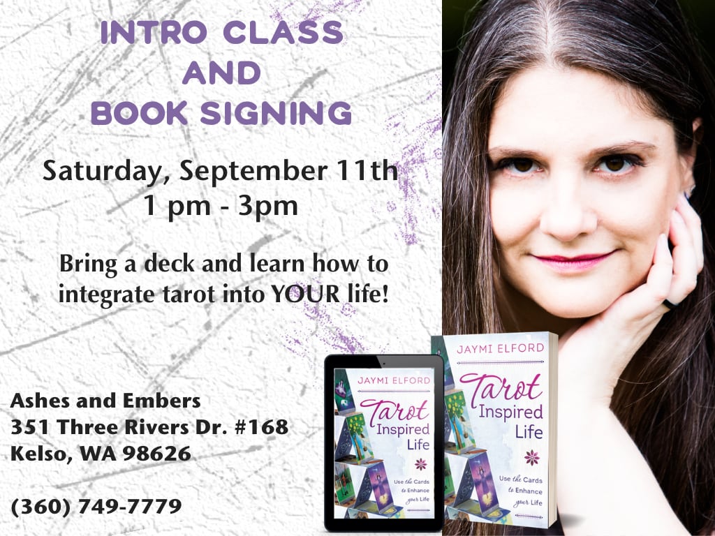 Image of me, and my book in digital and print formats with the information for a class and signing at Ashes and Embers in Kelso, WA.